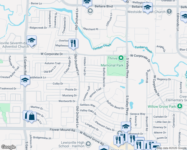 map of restaurants, bars, coffee shops, grocery stores, and more near 1212 Cloudy Sky Lane in Lewisville