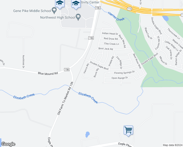 map of restaurants, bars, coffee shops, grocery stores, and more near 18246-18254 Farm to Market Road 156 in Justin