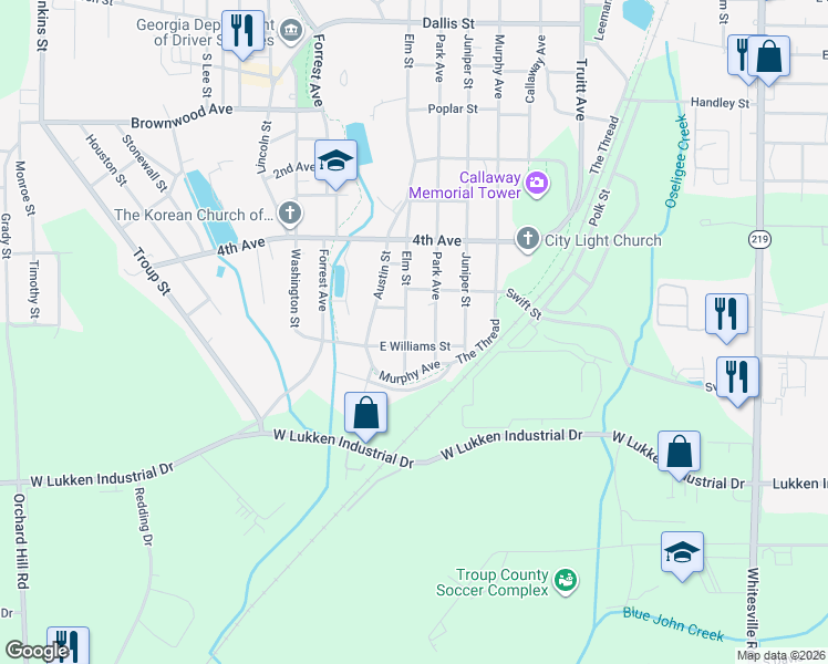 map of restaurants, bars, coffee shops, grocery stores, and more near 1409 Elm Street in LaGrange