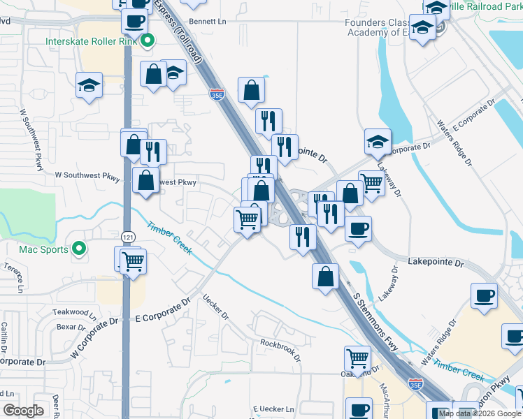 map of restaurants, bars, coffee shops, grocery stores, and more near 397 East Southwest Parkway in Lewisville
