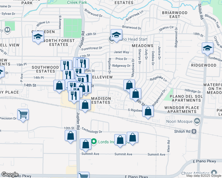 map of restaurants, bars, coffee shops, grocery stores, and more near 2700 14th Street in Plano
