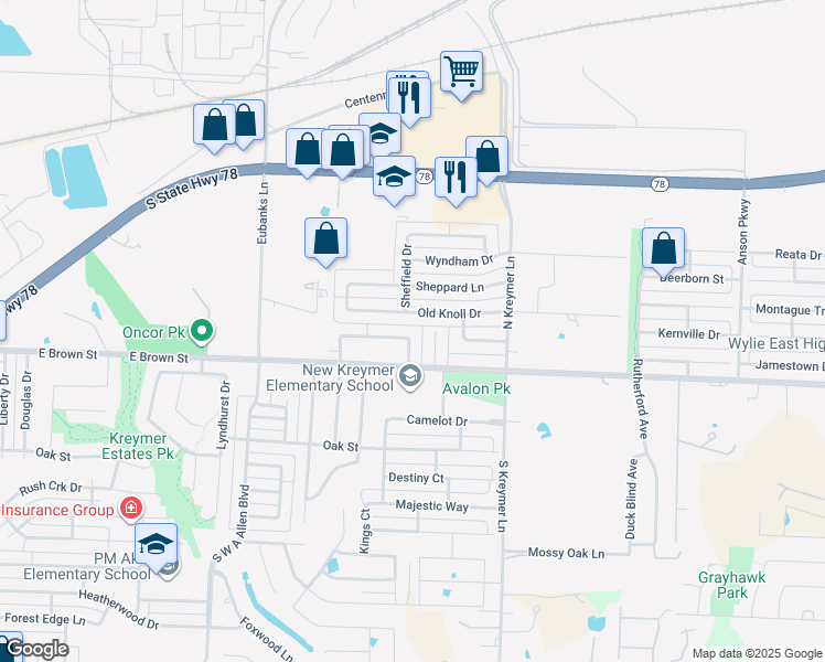 map of restaurants, bars, coffee shops, grocery stores, and more near 220 Wyndham Meadows Way in Wylie