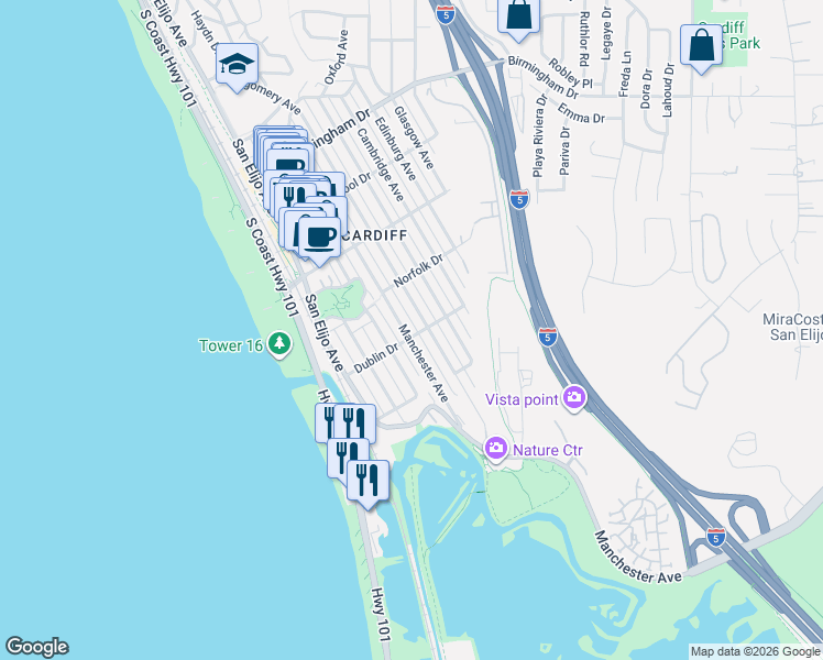 map of restaurants, bars, coffee shops, grocery stores, and more near 2367 Manchester Avenue in Encinitas
