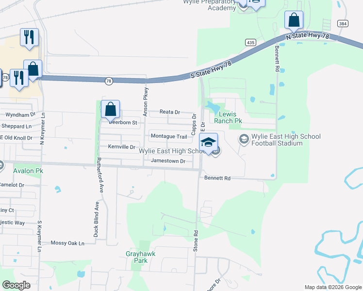 map of restaurants, bars, coffee shops, grocery stores, and more near 2922 Montague Trail in Wylie
