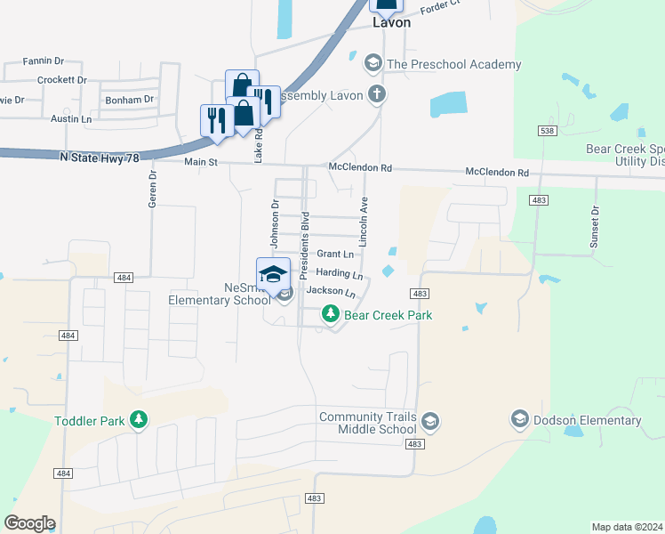 map of restaurants, bars, coffee shops, grocery stores, and more near 447 Harding Lane in Lavon