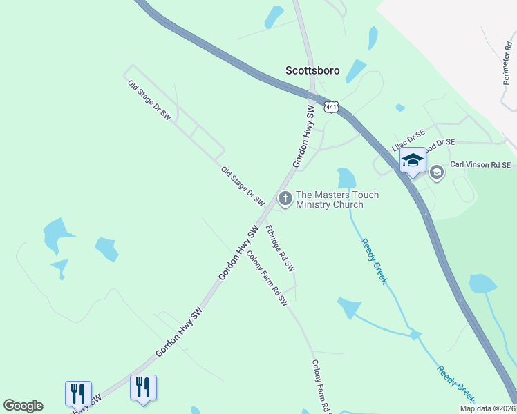 map of restaurants, bars, coffee shops, grocery stores, and more near 104 Old Stage Drive Southwest in Milledgeville