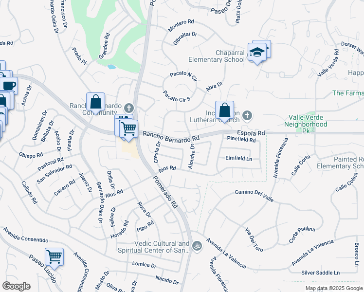 map of restaurants, bars, coffee shops, grocery stores, and more near 12678 Sonora Road in San Diego