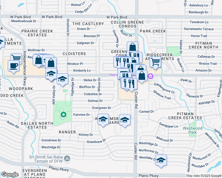 map of restaurants, bars, coffee shops, grocery stores, and more near 2217 Bluffton Drive in Plano