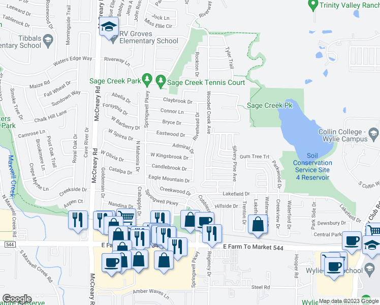 map of restaurants, bars, coffee shops, grocery stores, and more near 305 Admiral Drive in Wylie