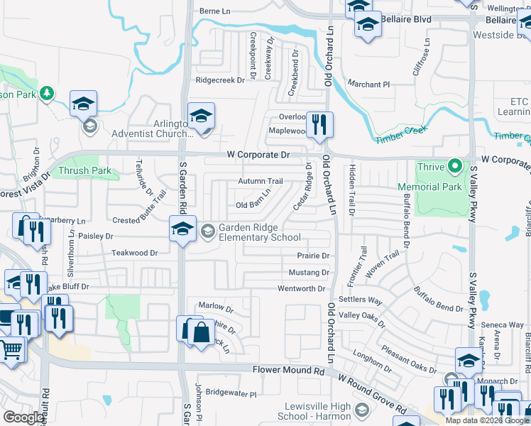 map of restaurants, bars, coffee shops, grocery stores, and more near 1329 Saddleback Lane in Lewisville