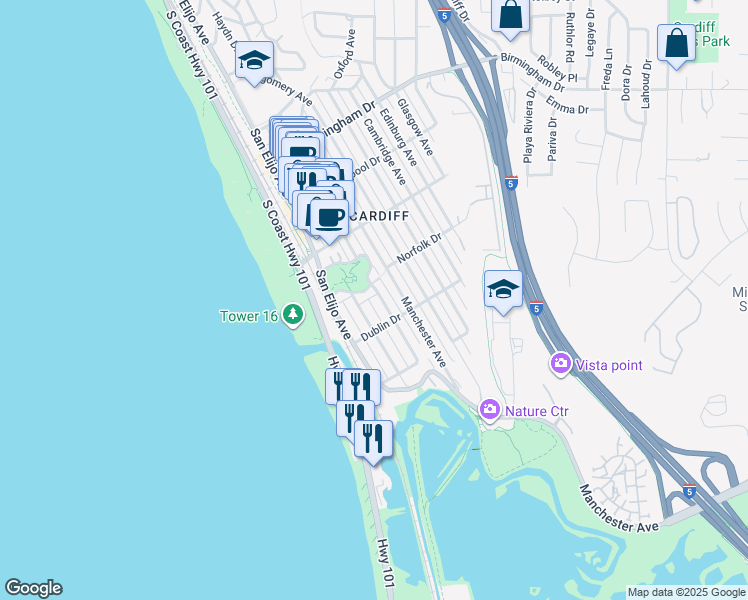 map of restaurants, bars, coffee shops, grocery stores, and more near 2326 Newcastle Avenue in Encinitas