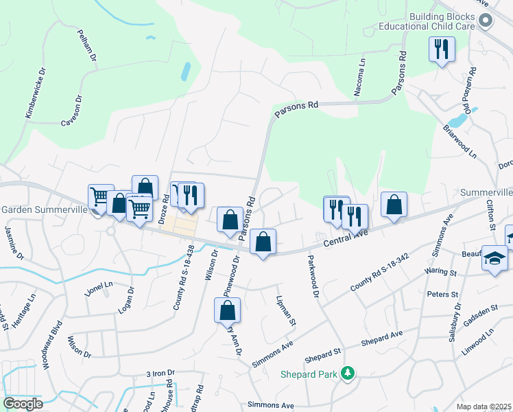 map of restaurants, bars, coffee shops, grocery stores, and more near 103 Canvasback Drive in Summerville