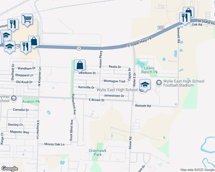 map of restaurants, bars, coffee shops, grocery stores, and more near 2910 Montague Trail in Wylie