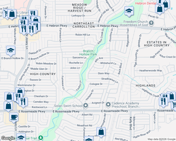 map of restaurants, bars, coffee shops, grocery stores, and more near 3852 Alto Avenue in Carrollton