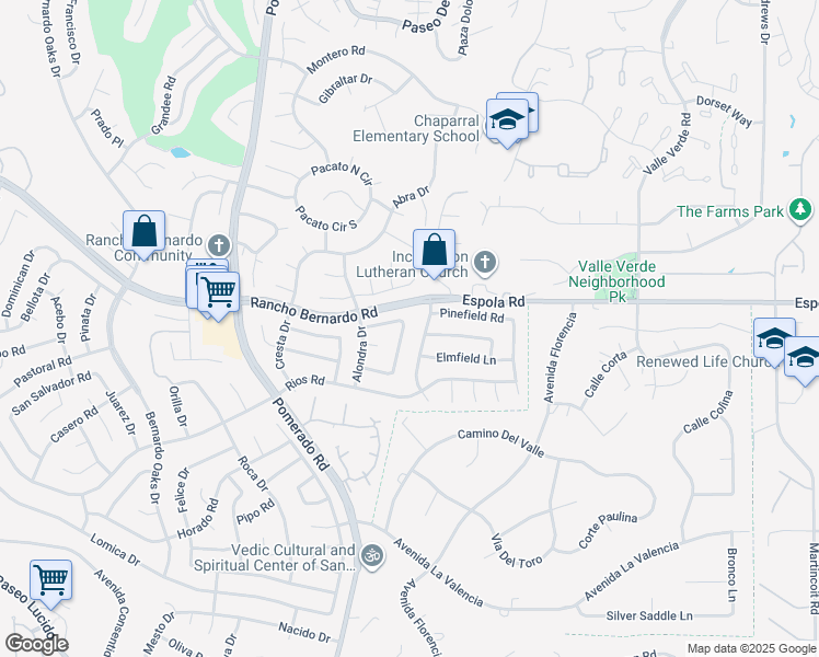 map of restaurants, bars, coffee shops, grocery stores, and more near 16849 Palmero Drive in San Diego