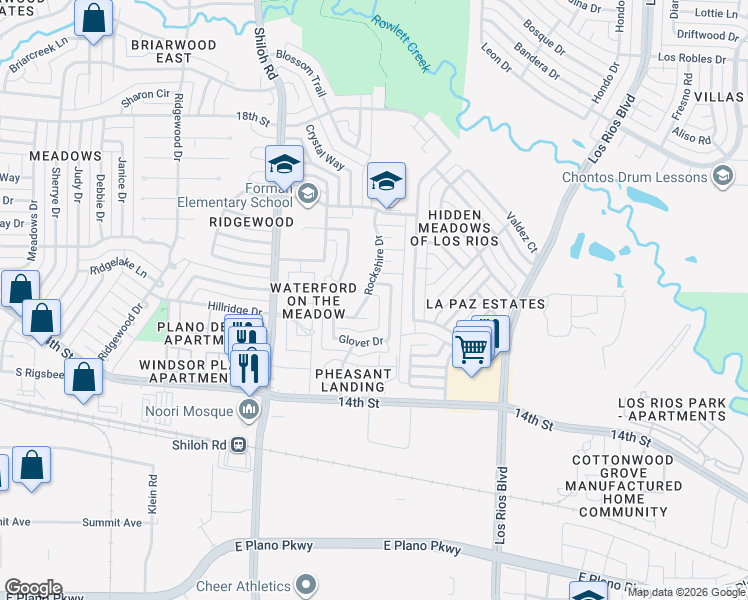map of restaurants, bars, coffee shops, grocery stores, and more near 1472 Rockshire Drive in Plano