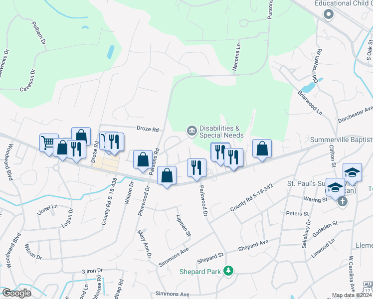 map of restaurants, bars, coffee shops, grocery stores, and more near 107 Drake Court in Summerville
