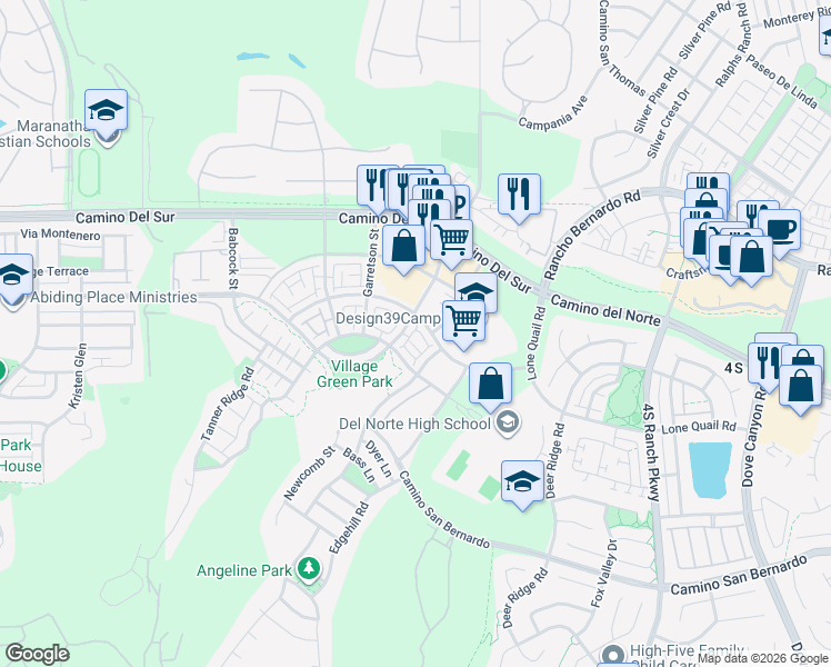 map of restaurants, bars, coffee shops, grocery stores, and more near 16205 Camden Circle in San Diego