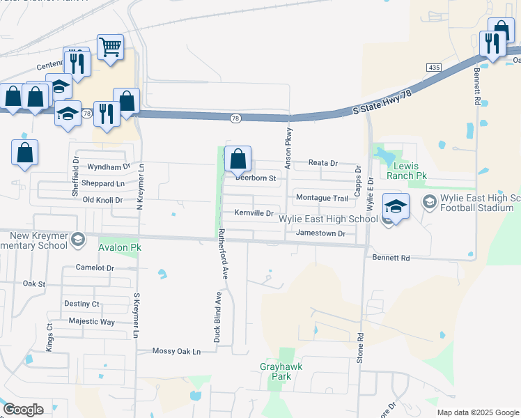 map of restaurants, bars, coffee shops, grocery stores, and more near 2803 Kernville Drive in Wylie