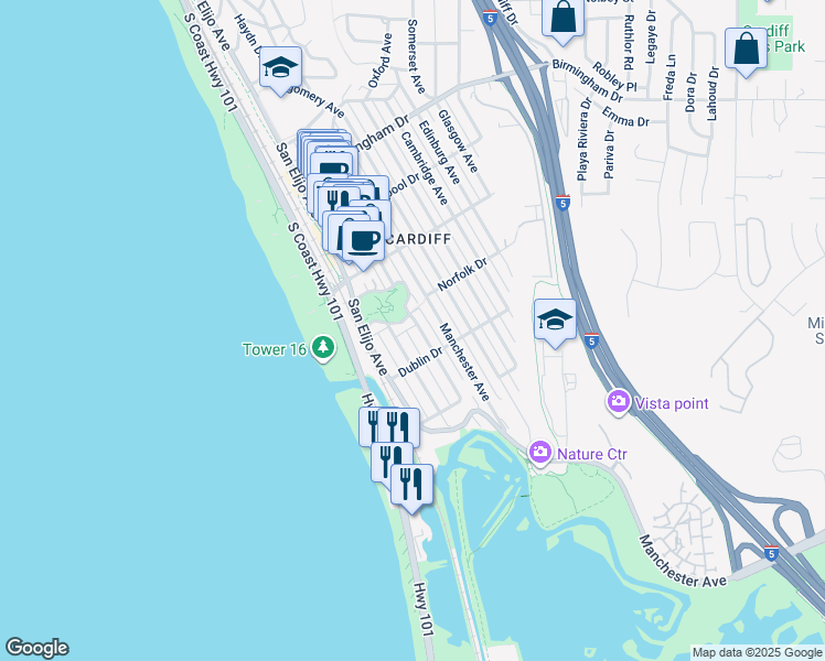 map of restaurants, bars, coffee shops, grocery stores, and more near 2326 Newcastle Avenue in Encinitas