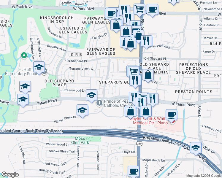 map of restaurants, bars, coffee shops, grocery stores, and more near 1400 Chesapeake Drive in Plano