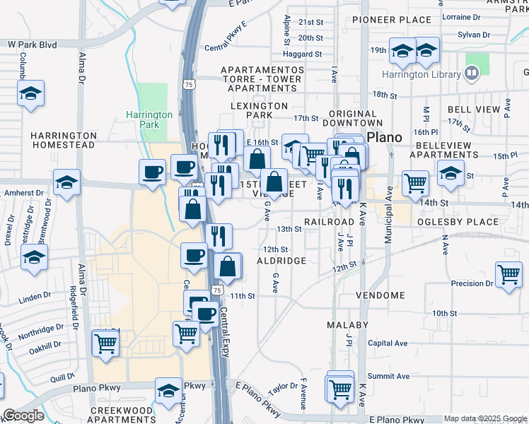 map of restaurants, bars, coffee shops, grocery stores, and more near 1313 G Avenue in Plano