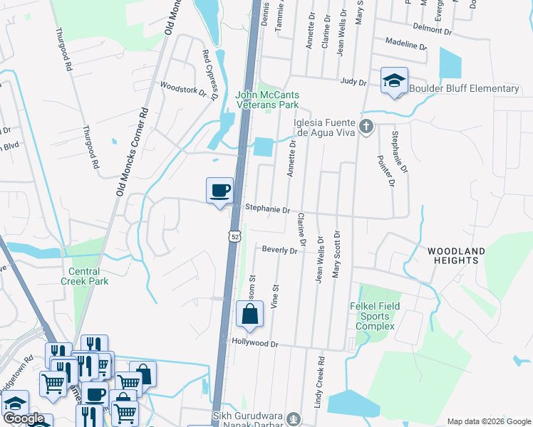 map of restaurants, bars, coffee shops, grocery stores, and more near 108 Stephanie Drive in Goose Creek