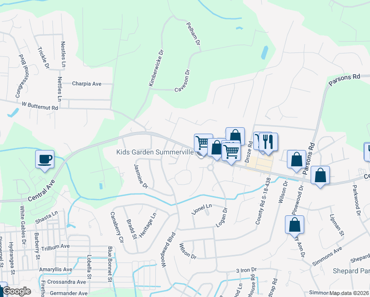 map of restaurants, bars, coffee shops, grocery stores, and more near 101 Sandlewood Drive in Summerville