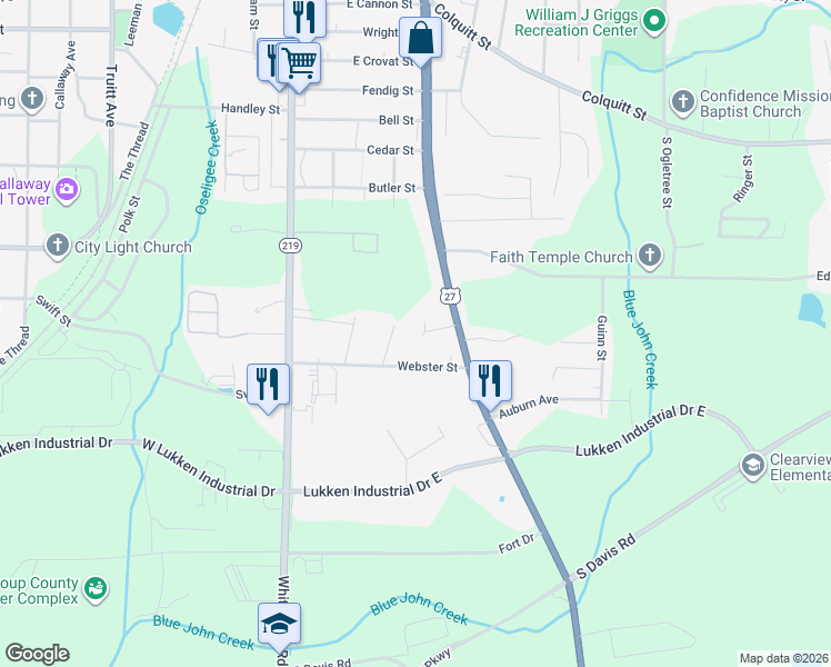 map of restaurants, bars, coffee shops, grocery stores, and more near 208 East Hillside Drive in LaGrange