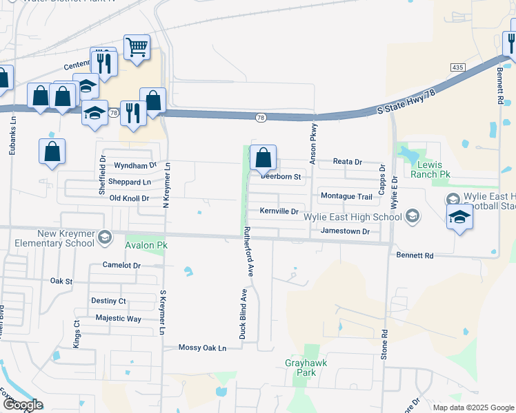 map of restaurants, bars, coffee shops, grocery stores, and more near 2707 Kernville Drive in Wylie