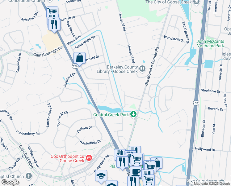 map of restaurants, bars, coffee shops, grocery stores, and more near 149 Foxborough Road in Goose Creek