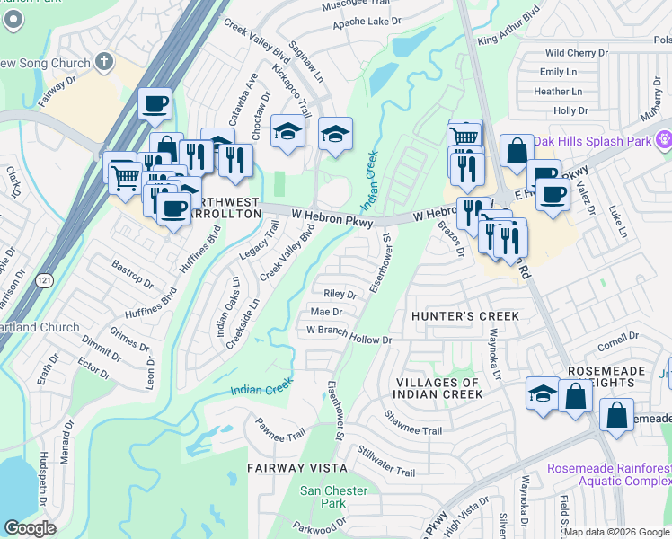 map of restaurants, bars, coffee shops, grocery stores, and more near 1356 Dallshan Drive in Carrollton