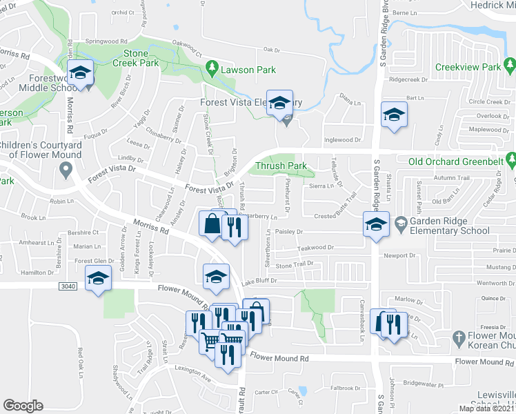 map of restaurants, bars, coffee shops, grocery stores, and more near 1025 Sweet Grass Trail in Flower Mound