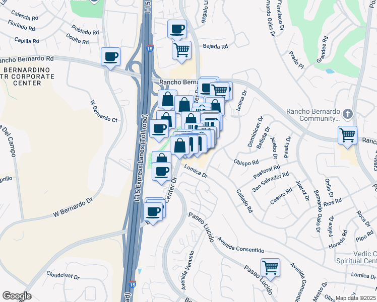 map of restaurants, bars, coffee shops, grocery stores, and more near 16757 Bernardo Center Drive in San Diego