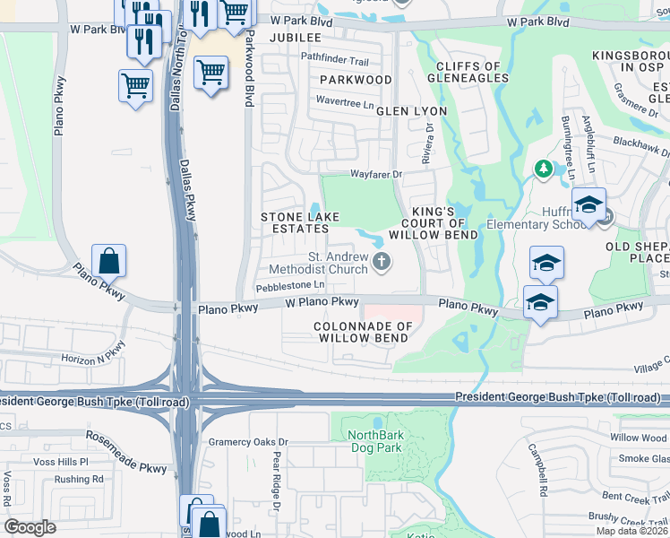 map of restaurants, bars, coffee shops, grocery stores, and more near 5856 Stone Meadow Drive in Plano