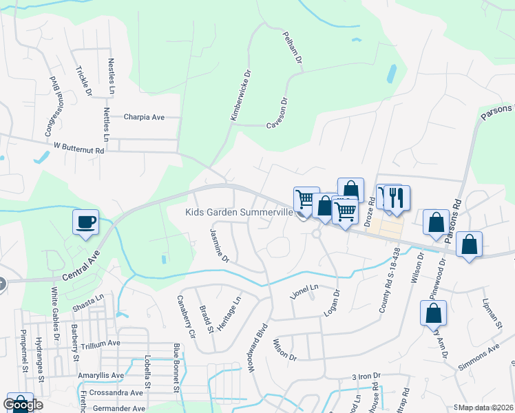 map of restaurants, bars, coffee shops, grocery stores, and more near 607 Woodward Boulevard in Summerville