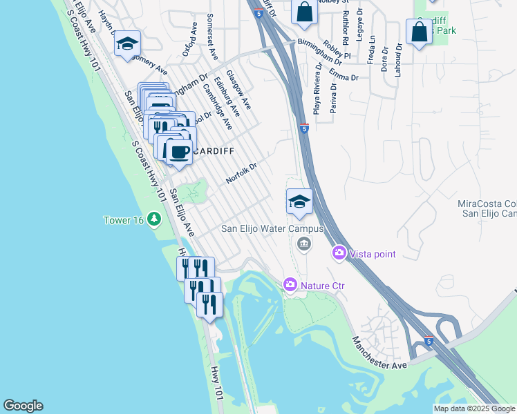 map of restaurants, bars, coffee shops, grocery stores, and more near 2416 Oxford Avenue in Encinitas