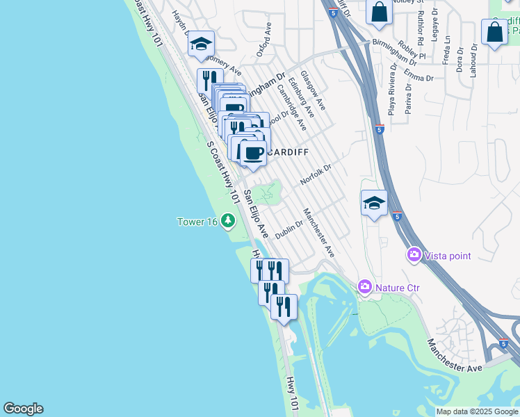 map of restaurants, bars, coffee shops, grocery stores, and more near 119 Norfolk Drive in Encinitas