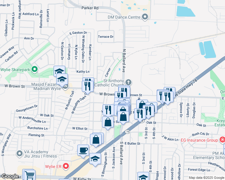 map of restaurants, bars, coffee shops, grocery stores, and more near 405 North Jackson Avenue in Wylie