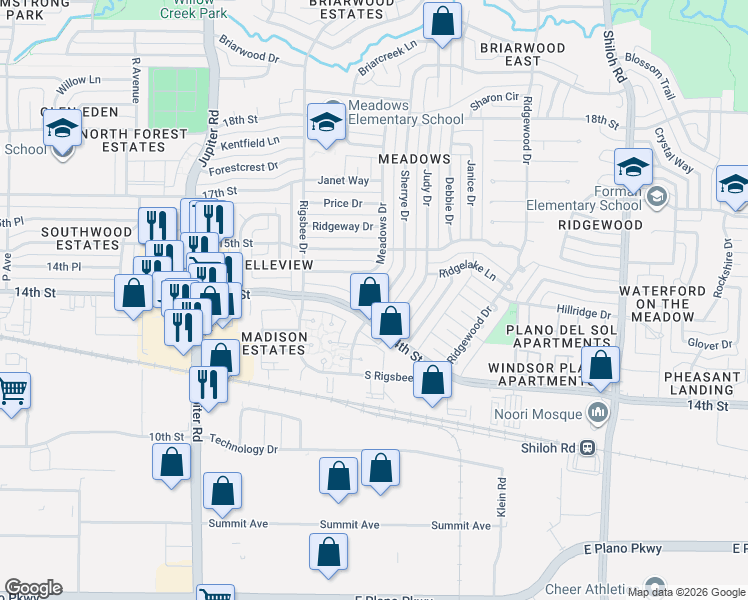 map of restaurants, bars, coffee shops, grocery stores, and more near 1400 Rice Drive in Plano