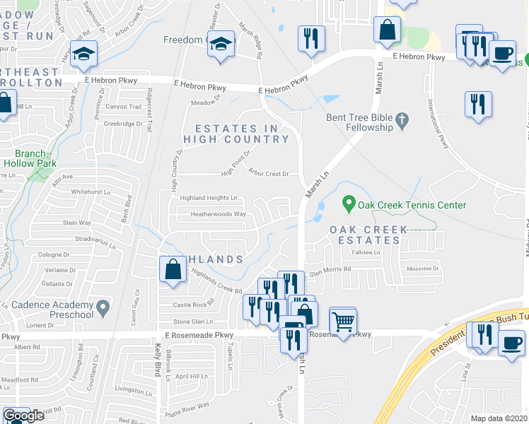 map of restaurants, bars, coffee shops, grocery stores, and more near 2305 Colleen Court in Carrollton