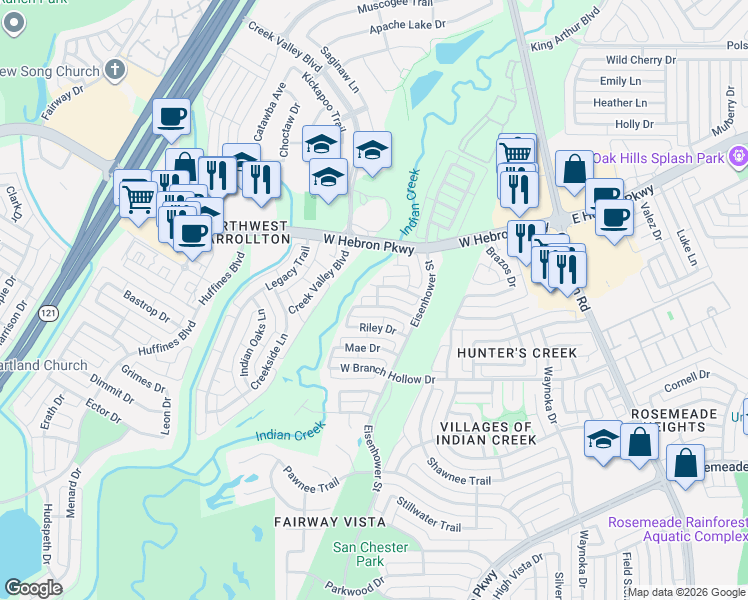 map of restaurants, bars, coffee shops, grocery stores, and more near 1356 Dallshan Drive in Carrollton