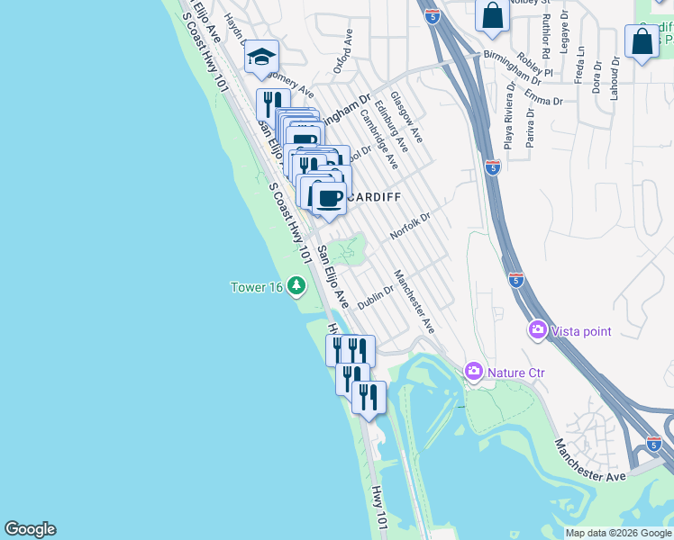 map of restaurants, bars, coffee shops, grocery stores, and more near 119 Norfolk Drive in Encinitas