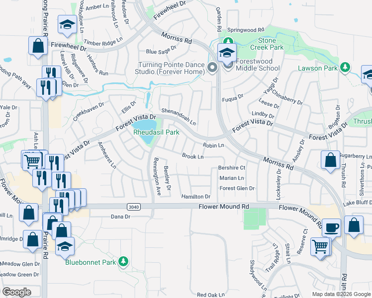 map of restaurants, bars, coffee shops, grocery stores, and more near 2309 Mapleleaf Lane in Flower Mound