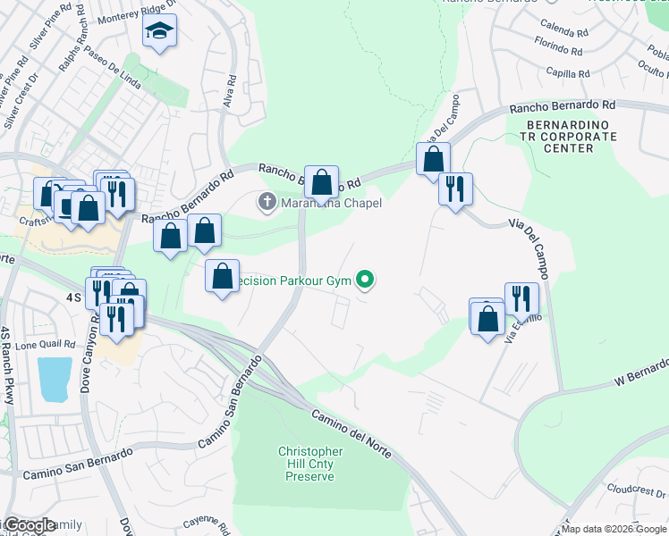 map of restaurants, bars, coffee shops, grocery stores, and more near 17082 Thornmint Court in San Diego