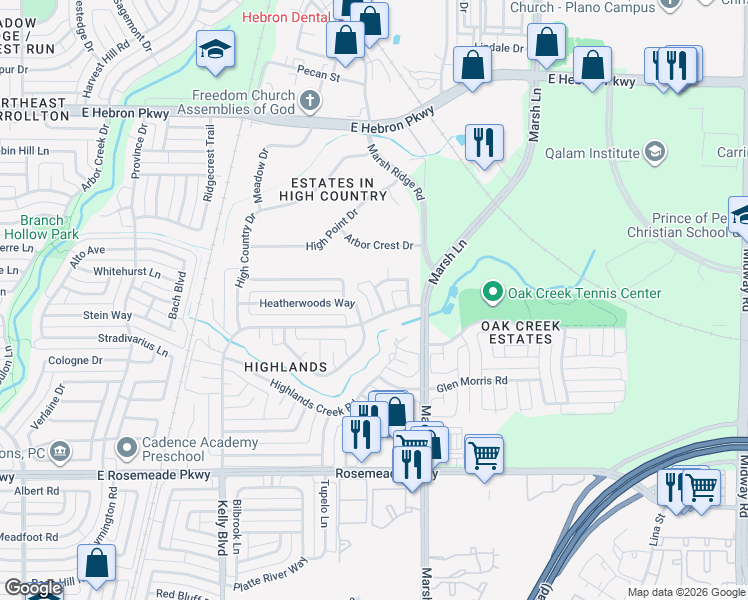 map of restaurants, bars, coffee shops, grocery stores, and more near 2305 Colleen Ct in Carrollton