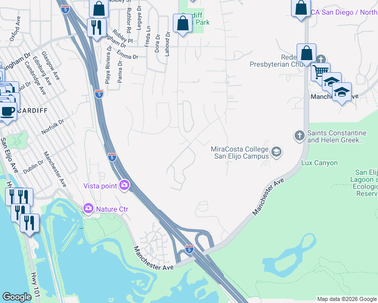 map of restaurants, bars, coffee shops, grocery stores, and more near 2212 Lagoon View Drive in Encinitas