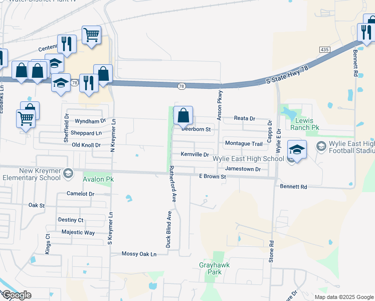 map of restaurants, bars, coffee shops, grocery stores, and more near 2709 Kernville Drive in Wylie