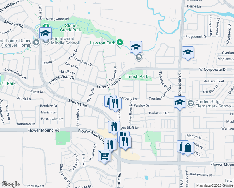 map of restaurants, bars, coffee shops, grocery stores, and more near 1108 Sugarberry Lane in Flower Mound