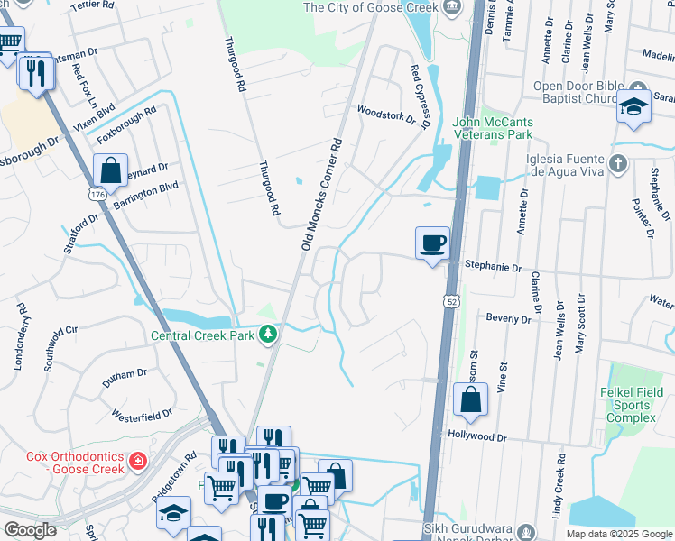 map of restaurants, bars, coffee shops, grocery stores, and more near 203 Windsor Mill Road in Goose Creek